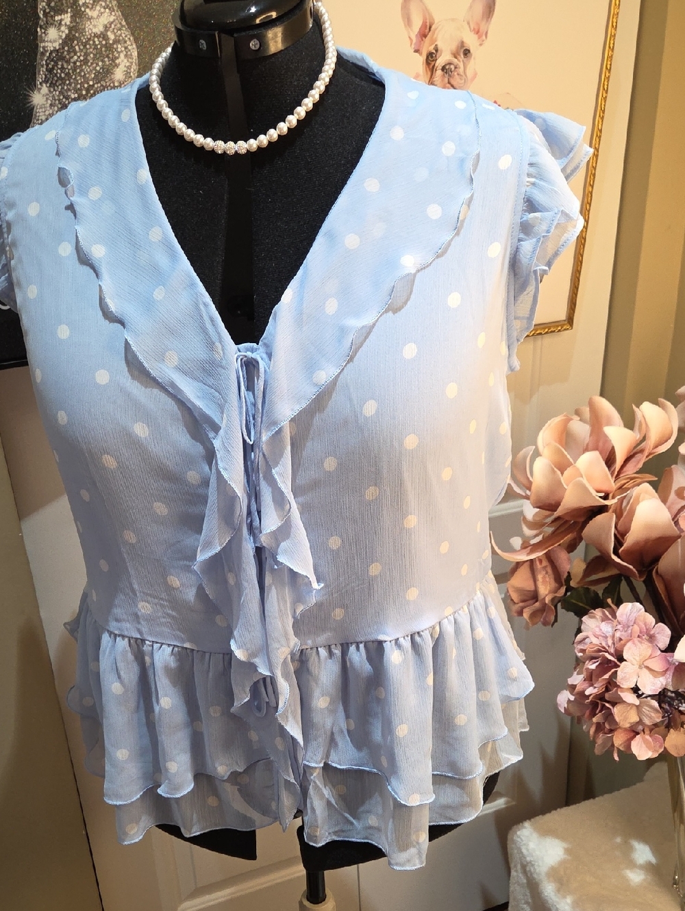 Nwt 1X & 3X Tamara H Women's Light Blue Polka Dot Ruffle Tie-Front Blouse - Picture 14 of 14